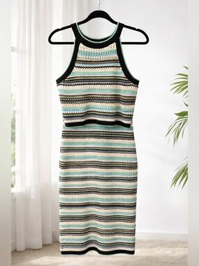 Rachel Zoe Crochet Knit Skirt Set Blue Green Stripe Tank & Midi Skirt Size L